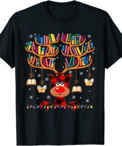 Christmas Library Red Deer Gift For Librarian And Book Lover Tee Shirt