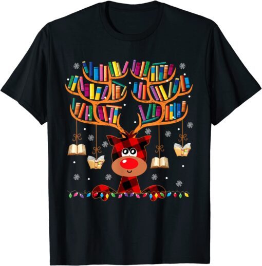 Christmas Library Red Deer Gift For Librarian And Book Lover Tee Shirt