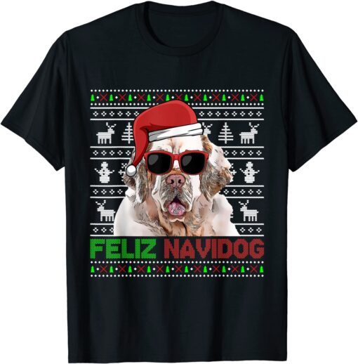 Clumber Spaniel Dog Feliz Navidog Christmas Tee Shirt