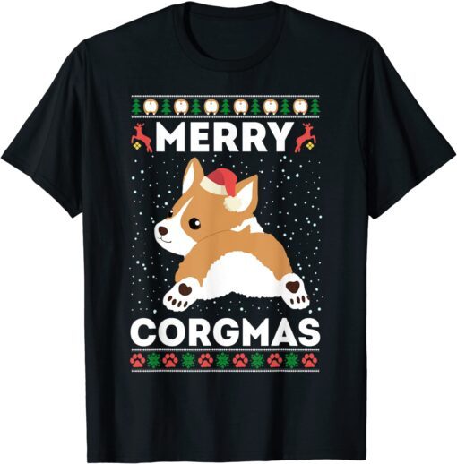 Corgi Ugly Christmas Sweater Style Merry Corgmas Santa Corgi Tee Shirt