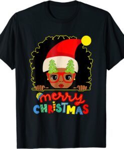 Cute Afro Black Girl Glasses Santa Melanin Merry Christmas T-Shirt