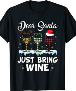Dear Santa Just Bring Wine Leopard Christmas Lights Pajamas Tee Shirt