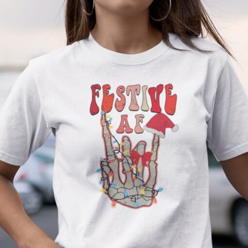 Festive Af Skeleton Middle Finger Light Tee Shirt