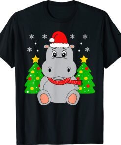 Hippopotamus Christmas Hippo Santa Hat Christmas Tree Tee Shirt