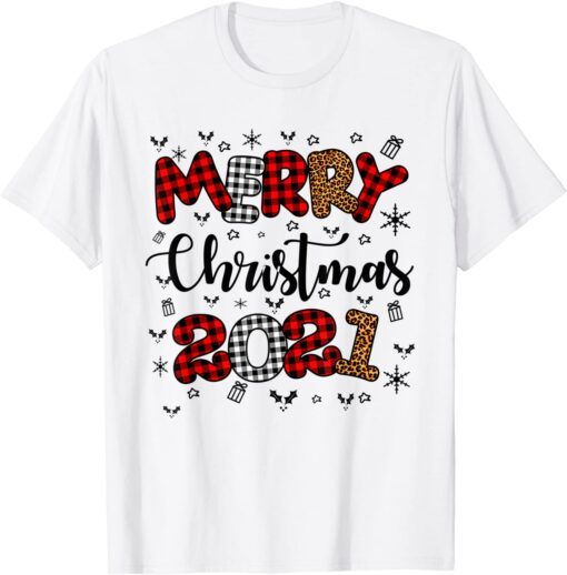 Merry Christmas 2021 Leopard Buffalo Plaid Red Green Xmas Tee Shirt