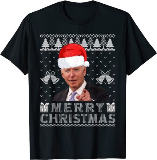 Merry Christmas Biden Wear Santa Hat Ugly Christmas Sweater Tee Shirt