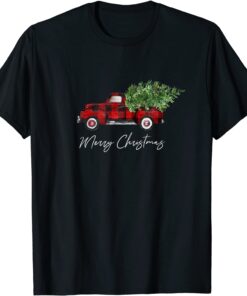 Merry Christmas Buffalo Plaid Red Truck Tree Tee Shirt