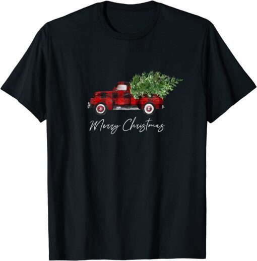 Merry Christmas Buffalo Plaid Red Truck Tree Tee Shirt