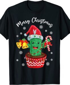 Merry Christmas Cute Cactus Santa Hat Candy Cane Xmas Tee Shirt