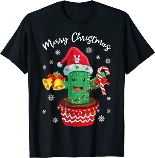 Merry Christmas Cute Cactus Santa Hat Candy Cane Xmas Tee Shirt