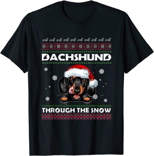 Merry Christmas Dachund Through The Snow Tee Shirt