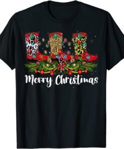 Merry Christmas Leopard Cowboy Boot Western Santa Xmas Light Tee Shirt