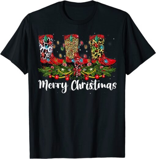 Merry Christmas Leopard Cowboy Boot Western Santa Xmas Light Tee Shirt