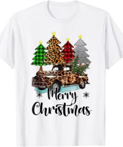 Merry Christmas Leopard Print Buffalo Plaid Red Truck Tee Shirt