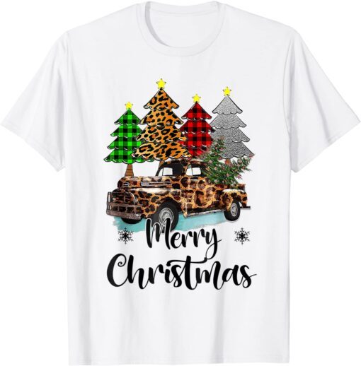 Merry Christmas Leopard Print Buffalo Plaid Red Truck Tee Shirt