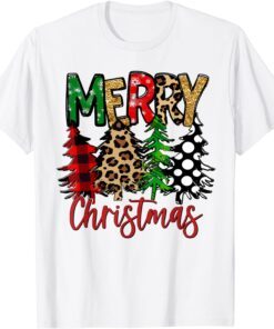 Merry Christmas Trees Vintage Buffalo Plaid Leopard Tee Shirt