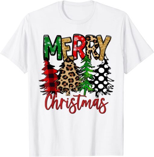 Merry Christmas Trees Vintage Buffalo Plaid Leopard Tee Shirt