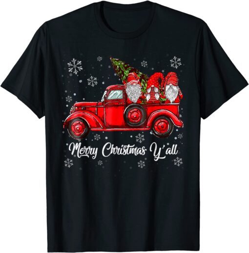 Merry Christmas Yall Gnomes Santa Retro Red Truck Tee Shirt