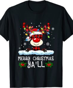 Merry Christmas Ya'll Red Buffalo Plaid Reindeer Santa Hat Tee Shirt