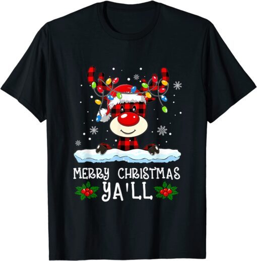 Merry Christmas Ya'll Red Buffalo Plaid Reindeer Santa Hat Tee Shirt