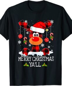 Merry Christmas Ya'll Reindeer Santa Hat Buffalo Red Plaid Tee Shirt