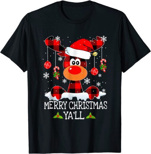 Merry Christmas Ya'll Reindeer Santa Hat Buffalo Red Plaid Tee Shirt