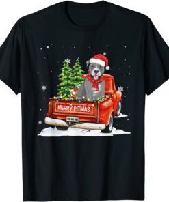 Merry Pitmas Pitbull Pickup Truck Santa Hat Xmas Lights Tree Tee Shirt