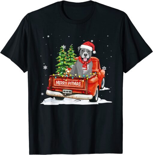 Merry Pitmas Pitbull Pickup Truck Santa Hat Xmas Lights Tree Tee Shirt