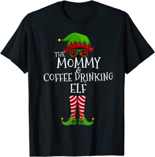 Mommy and Coffee Drinking Elf Matching Family Xmas Pajama Tee Shirt