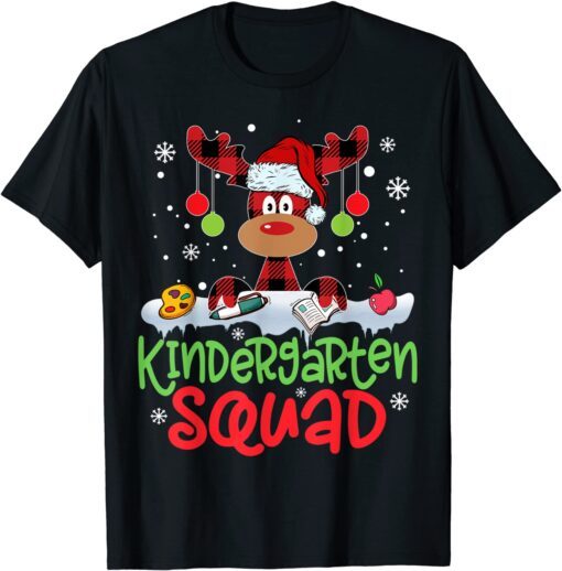 Plaid Reindeer Santa Hat Kindergarten Squad Teacher Xmas Tee Shirt