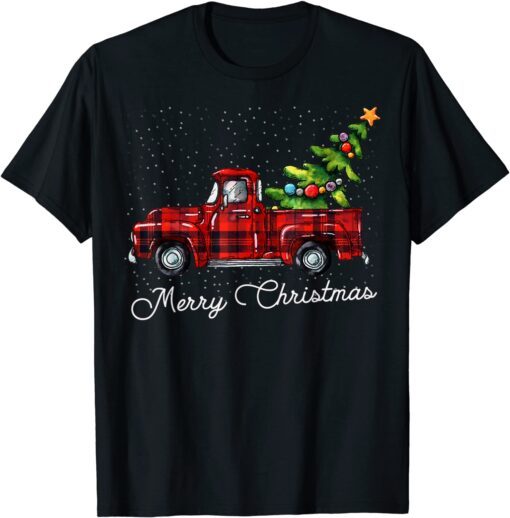 Red Buffalo Plaid Pickup Truck with Tree Merry Christmas Tee Shirt