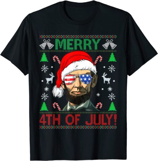 Santa Biden Merry 4th Of July Abraham Lincoln Christmas Ugly Tee Shirt