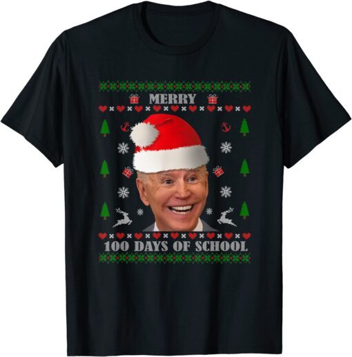 Santa Joe Biden Merry 100 Days Of School Ugly Christmas Tee Shirt