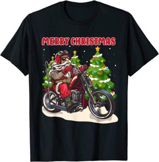 Santa on Motorcycle Christmas Tee Shirt