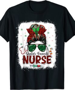 Santas Favorite Nurse Christmas Santa Hat Light Messy Bun Tee Shirt