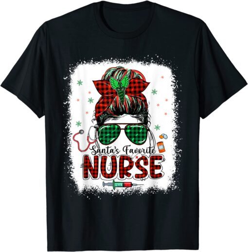 Santas Favorite Nurse Christmas Santa Hat Light Messy Bun Tee Shirt