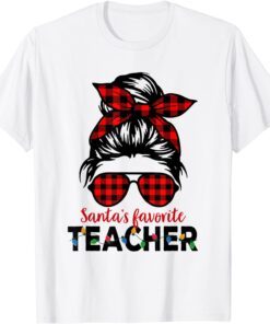 Santa's Favorite Teacher Christmas Women Messy Bun Buffalo Tee Shirt