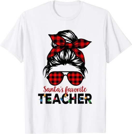 Santa's Favorite Teacher Christmas Women Messy Bun Buffalo Tee Shirt