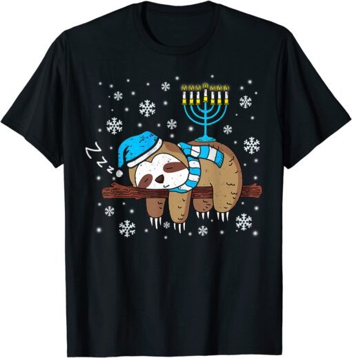 Sleeping Sloth Menorah Hanukkah Chanukah Animal Jewish Tee Shirt