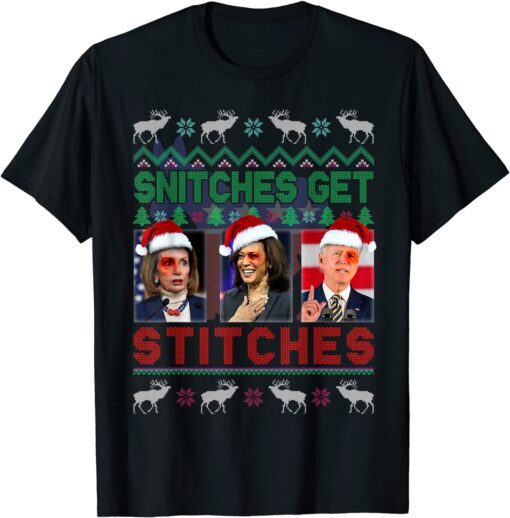 Snitches Get Stitches Funny Xmas Elf Anti Biden & Liberal Tee Shirt