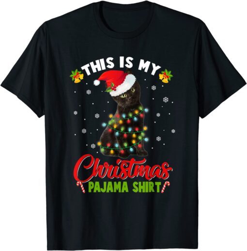 This Is My Christmas Pajama Shirt Santa Black Cat Xmas Light Tee Shirt