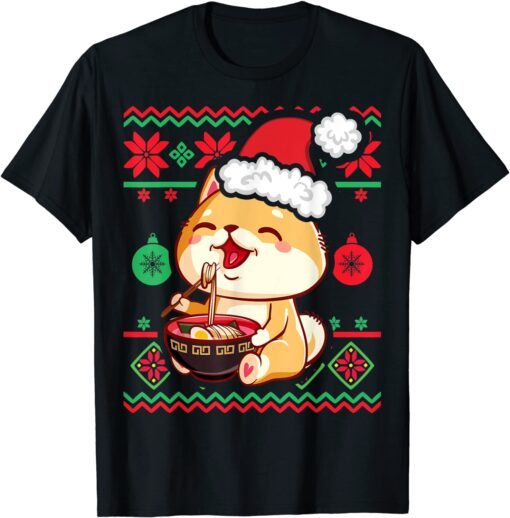 Ugly Christmas Sweater Kawaii Anime Shiba Inu Eating Ramen T-Shirt