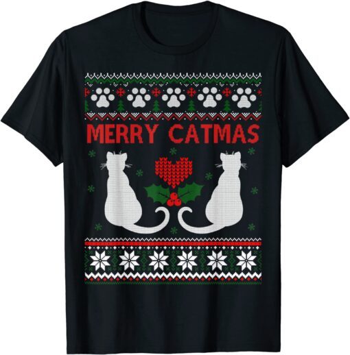 Ugly Christmas Sweater Merry Catmas Cat Lovers Tee Shirt