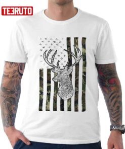Whitetail Buck Deer Hunting American Camouflage USA Flag Tee Shirt