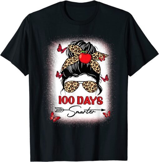 100 Days Smarter Happy 100th Day Of School Leopard Messy Bun T-Shirt