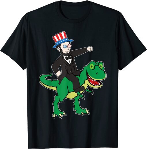 Abraham Lincoln Riding T Rex 4th Of July American Flag Tee Shirt