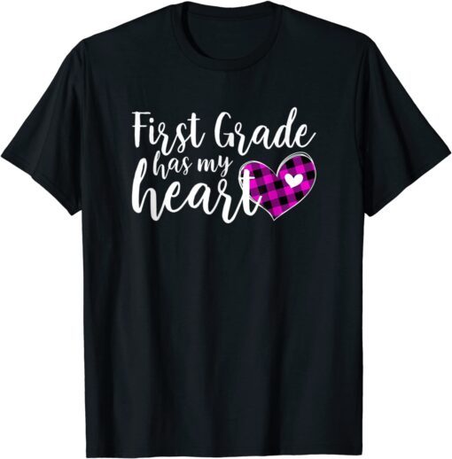 Buffalo Plaid 1st First Grade Has My Heart Teacher Valentine Tee Shirt