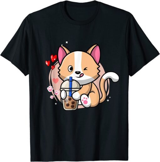 Cat Boba Tea Bubble Tea Kawaii Anime Japanese Neko Girl Teen Tee Shirt