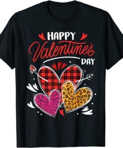 Happy Valentine's Day Three Leopard And Plaid Hearts Tee Shirt