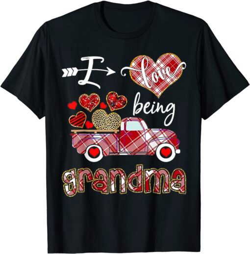 I Love Being Grandma Red Plaid Truck Hearts Valentine's Day Tee Shirt